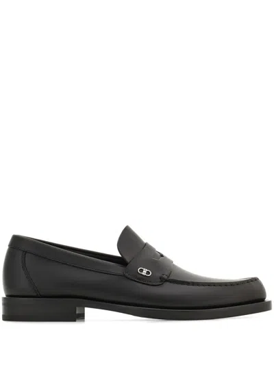 Ferragamo Titanium-finish Mini Gancini Buckle Bacco Loafers In Black