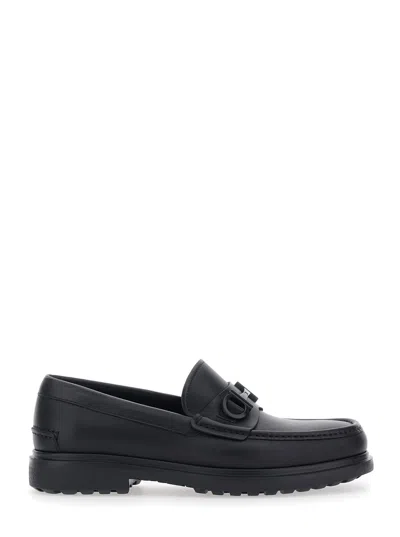 Ferragamo Tobia Black Loafers With Metal Gancini Detail On The Front And Raised Sole In Leather Man
