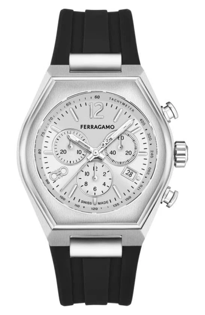Ferragamo Tonneau Chronograph Silicone Strap Watch, 42mm In Black/ Stainless Steel