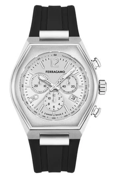 Ferragamo Tonneau Chronograph Silicone Strap Watch, 42mm In Black/stainless Steel