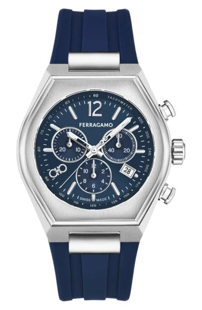 Ferragamo Tonneau Chronograph Silicone Strap Watch, 42mm In Blue/ Stainless Steel