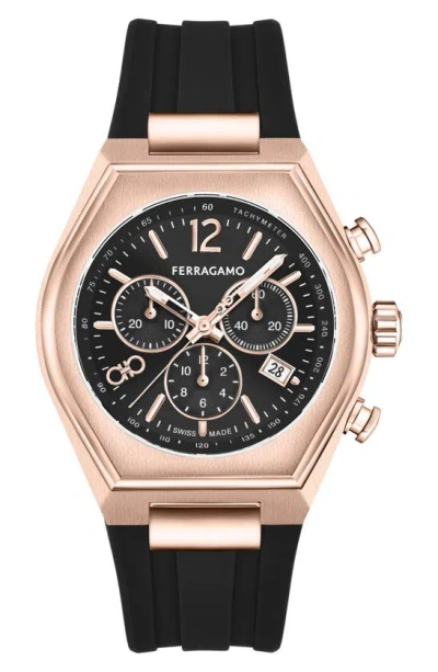 Ferragamo Tonneau Chronograph Silicone Strap Watch, 42mm In Rose Gold