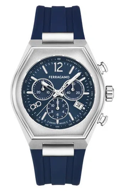 Ferragamo Tonneau Chronograph Silicone Strap Watch, 42mm In Silver