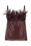 Ferragamo Feather Trim Satin Finish Spaghetti Straps Top In Oxblood