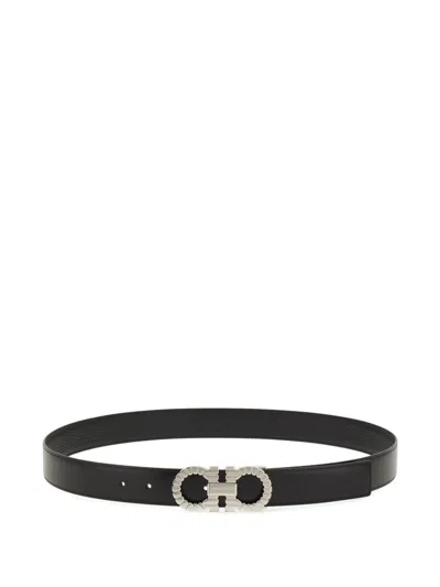 Ferragamo Topstitched Gancini Buckle Belt In Black