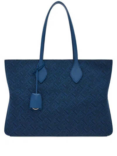 Ferragamo Large Monogram Tote Bag In Teal Blue