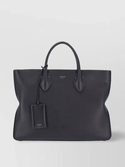 Ferragamo Tote Bag With Detachable Strap And Metal Feet In Black