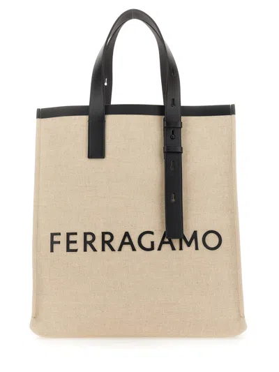 Ferragamo Canvas Tote Bag With Logo In Beige