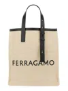 Ferragamo Canvas Tote Bag With Logo In Beige