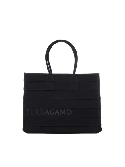 Ferragamo Tote Bag With Overlapping Panels And Printed Logo In Black