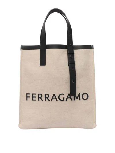 Ferragamo Canvas Tote Bag With Logo In Beige