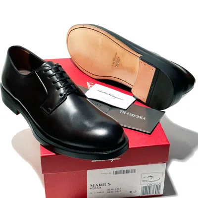 Pre-owned Ferragamo Tramezza Black Leather Round Toe Welted Oxford Men's Dress Shoes