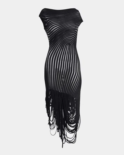 Ferragamo Transparent Contrast Rib Knit Midi Dress In Black