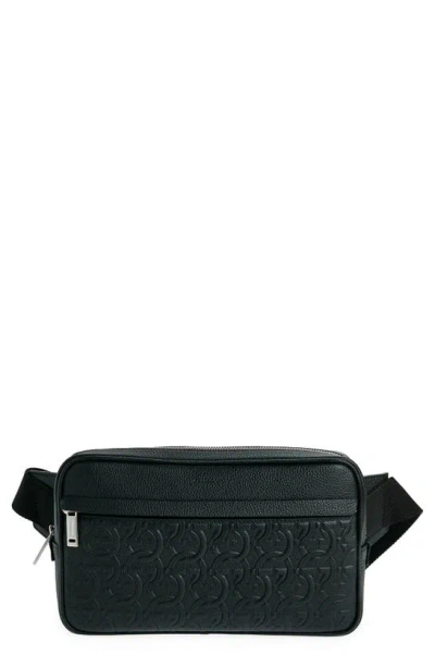 Ferragamo Travel Gancio Embossed Leather Belt Bag In Nero