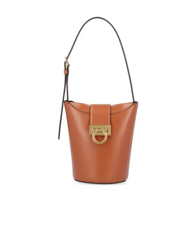 Ferragamo Trifolio Shoulder Bucket Bag In Brown