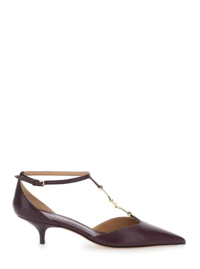 Ferragamo T-strap Pointed-toe Pump In Bordeaux
