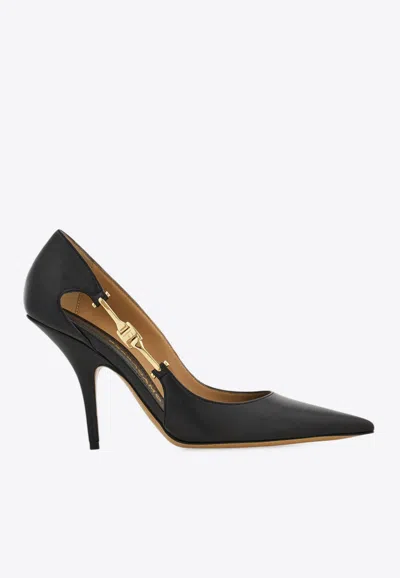 Ferragamo Tulip 95 F Buckle Leather Pumps In Black