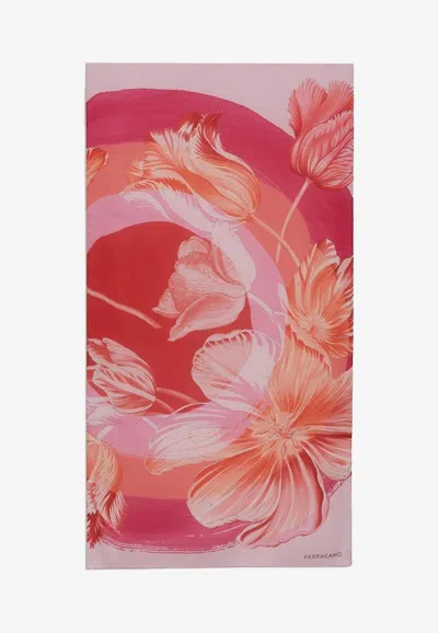 Ferragamo Tulip Print Silk Scarf In Multicolor