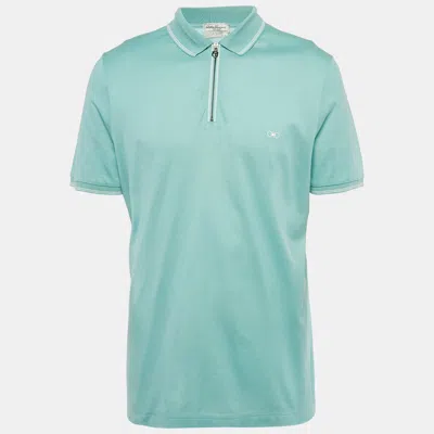Pre-owned Ferragamo Turquoise Cotton Zip -up Polo T-shirt Xl In Blue