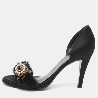 Pre-owned Ferragamo Turtle Gems Size 38.5 Black Mink Fur And Satin Sandals