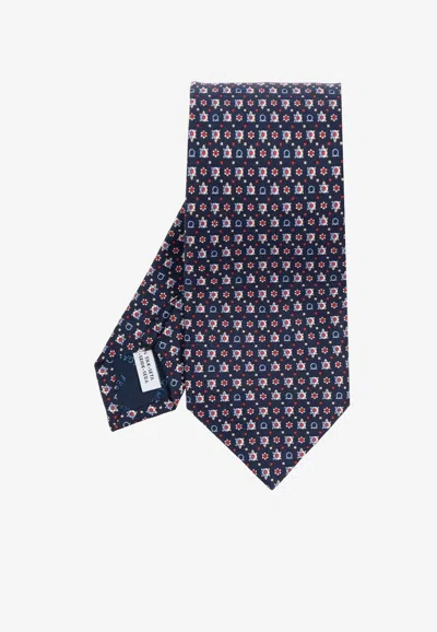 Ferragamo Turtle Print Silk Tie In Blue