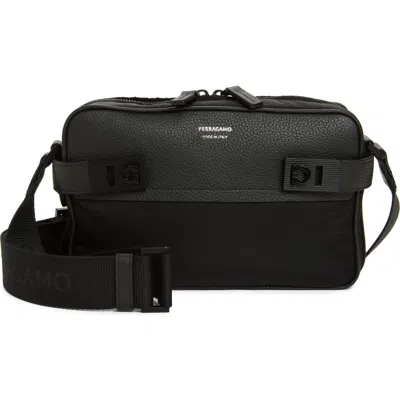 Ferragamo Twins Mixed Media Leather & Nylon Shoulder Bag In Black