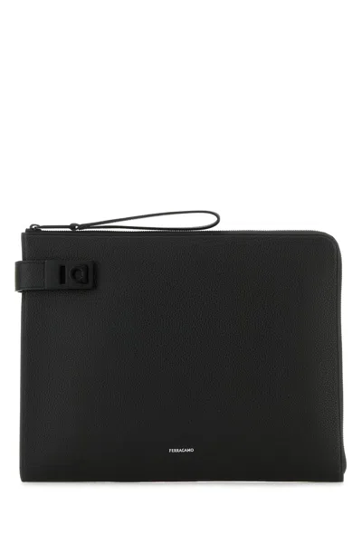 FERRAGAMO SALVATORE FERRAGAMO BLACK LEATHER CLUTCH