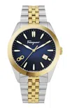 Ferragamo Two-tone Bracelet Watch With Blue Sunray Dial And Deployant Buckle In Gold