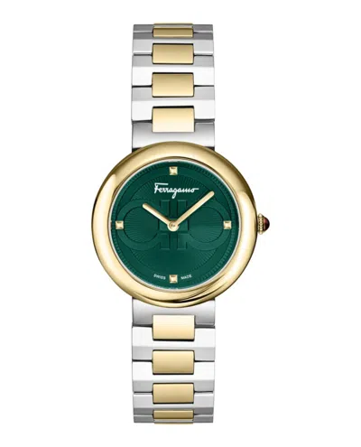 Ferragamo Two-tone Bracelet Watch With Green Guilloche Dial In Gold