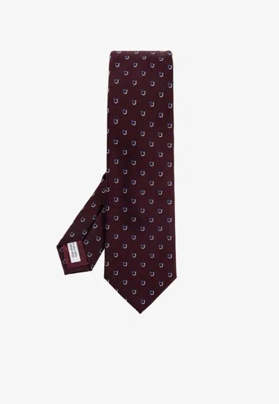 Ferragamo Two-tone Gancini Jacquard Silk Tie In Burgundy
