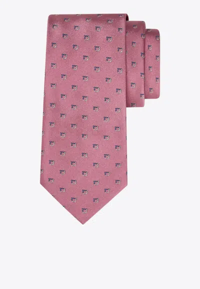 Ferragamo Two-tone Gancini Silk Tie In Pink
