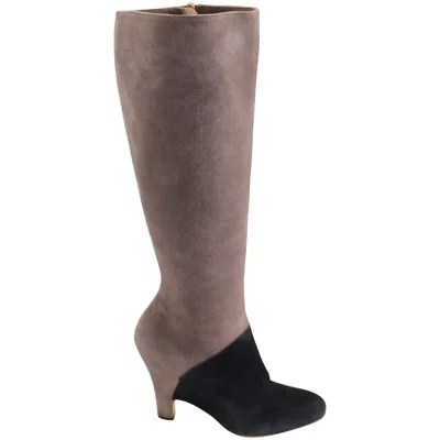 Ferragamo Two Tone Knee High Boots In Ecru Suede In White