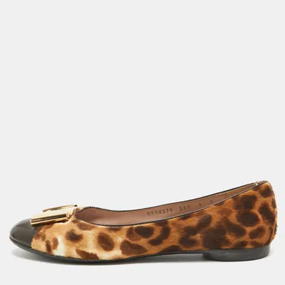 Pre-owned Ferragamo Two Tone Leopard Print Calf Hair And Patent Sun Ballet Flats Size 38.5 In Brown
