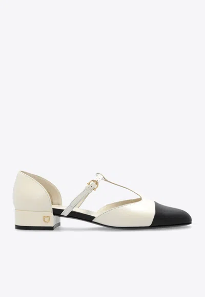 FERRAGAMO TWO-TONE T-STRAP BALLET FLATS