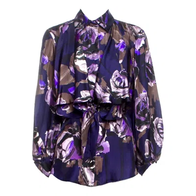 Pre-owned Ferragamo Unworn Salvatore  Floral Print Bow Tie Details Scarf Silk Blouse 42 In Black