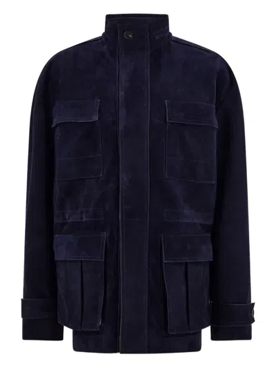 Ferragamo Utility Pockets Suede Blouson In Blue