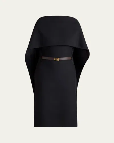 Ferragamo V-back Cape Midi Dress In Black