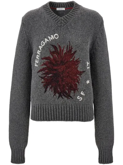 Ferragamo V-neck Floral-motif Sweater In Grey