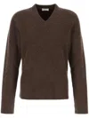 Ferragamo Earthy Ribbed V-neck Wool Sweater In Brown