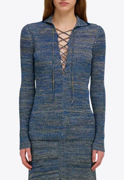 Ferragamo V-neck Knitted Polo Sweater In Blue