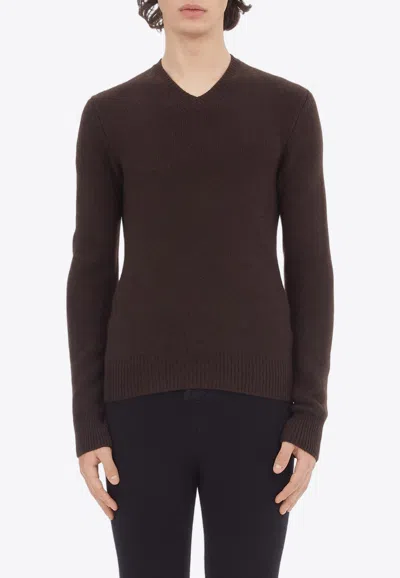 Ferragamo V-neck Long-sleeved Sweater In Brown