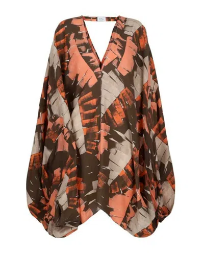Ferragamo V-neck Poncho Patterned Dress In Brown