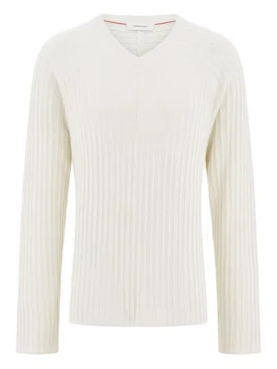 Ferragamo V-neck Ribbed Sweater In Neutral