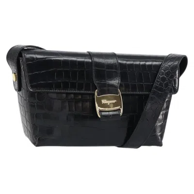 Pre-owned Ferragamo Vala Shoulder Bag Embossed Leather Leather Shoulder Bag Bag () In Black