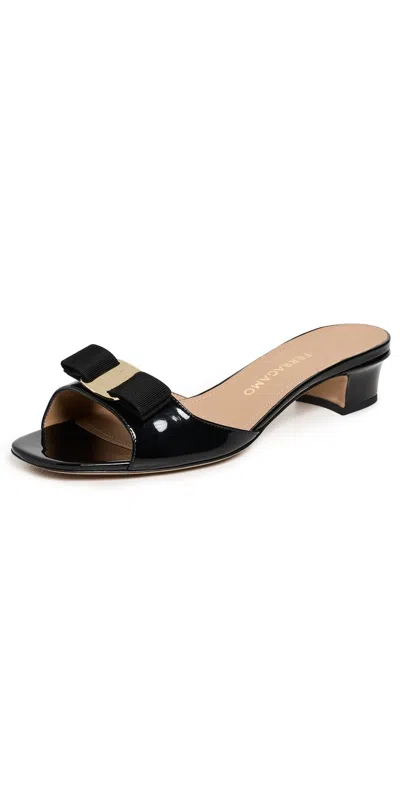 Ferragamo Vanilla Patent Leather Bow Mules In Brown