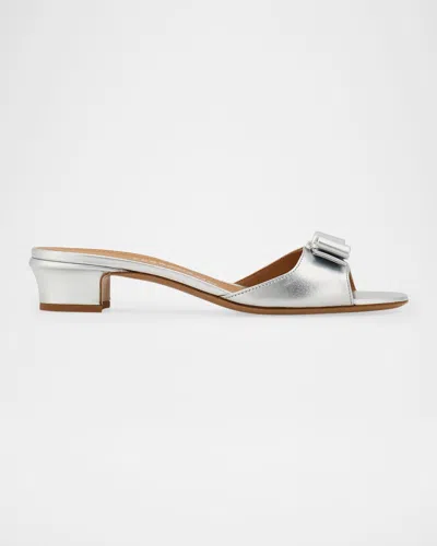 Ferragamo Vanilla Metallic Leather Bow Mules In Gray