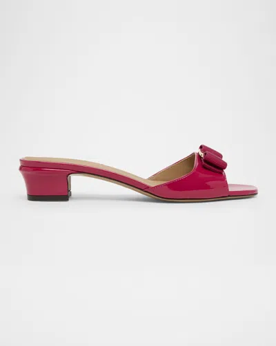 Ferragamo Vanilla Patent Leather Bow Mules In Pink