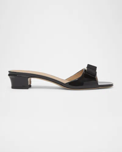 Ferragamo Vanilla Patent Leather Bow Mules In Brown