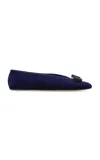 Ferragamo Velvet-textured Ballerinas With Decorative Bow Detail In Blue