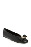 Ferragamo Leather Round Toe Ballerina Shoes With Bow Detail In Black